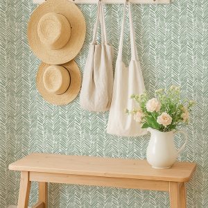 Sage Green Herringbone Wallpaper, Hand-Painted Removable Wall Mural for Nursery, Living Room, or Modern Farmhouse Nature-Inspired Decor
