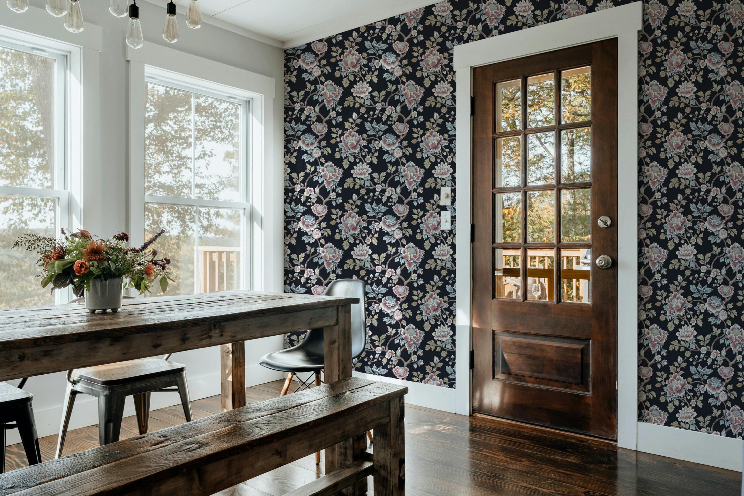 Vintage Floral Peony Wallpaper, Dusty Mauve and Blue on Black Background - Image 8