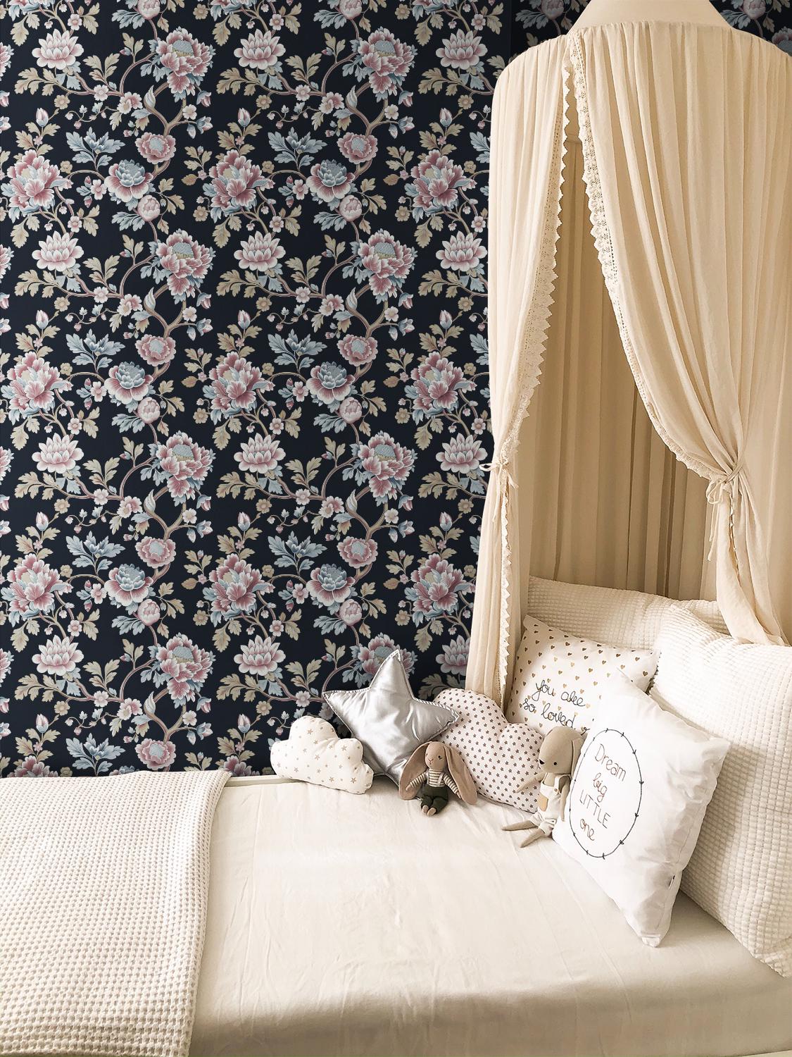 Vintage Floral Peony Wallpaper, Dusty Mauve and Blue on Black Background - Image 14