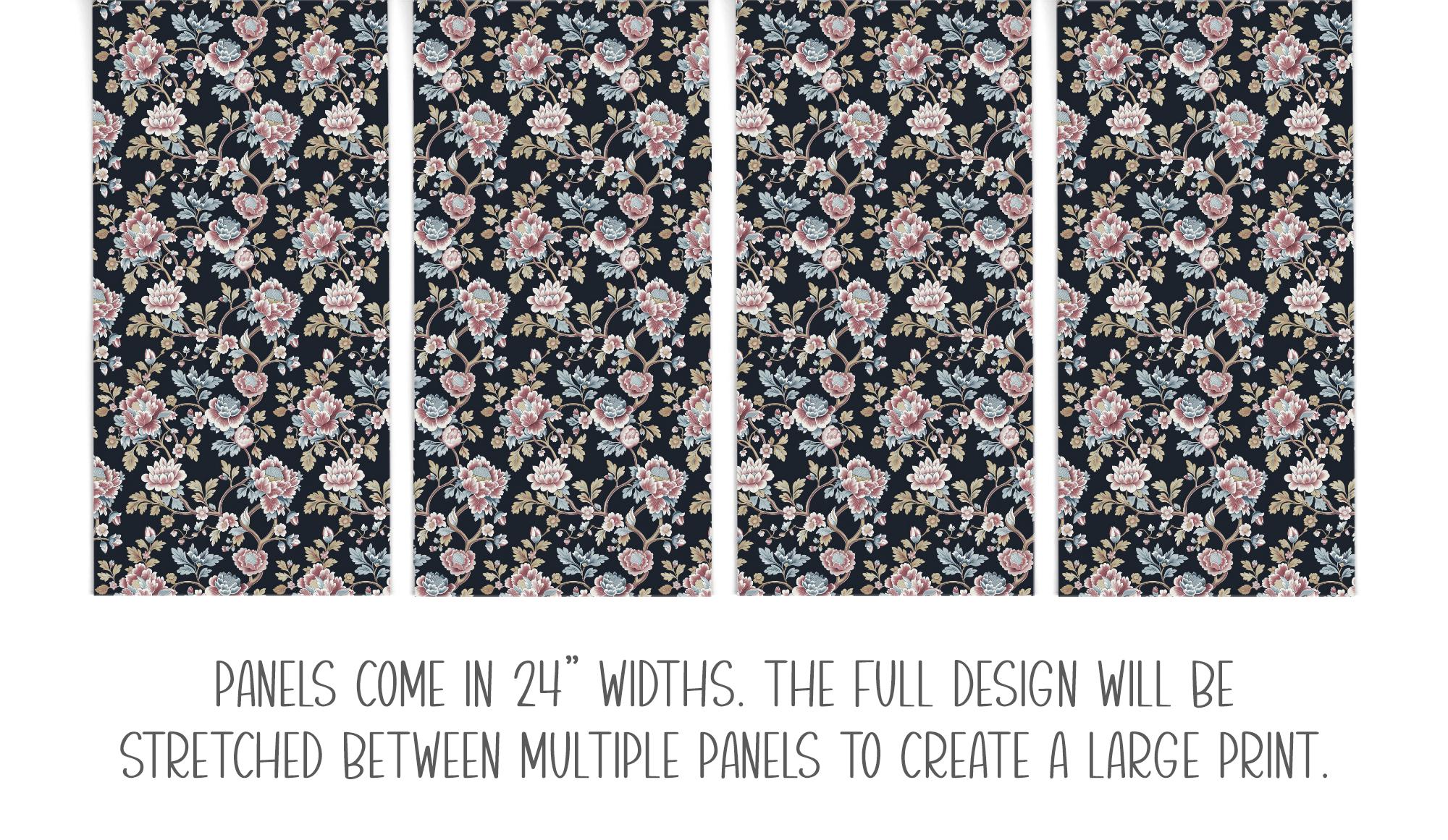 Vintage Floral Peony Wallpaper, Dusty Mauve and Blue on Black Background - Image 16
