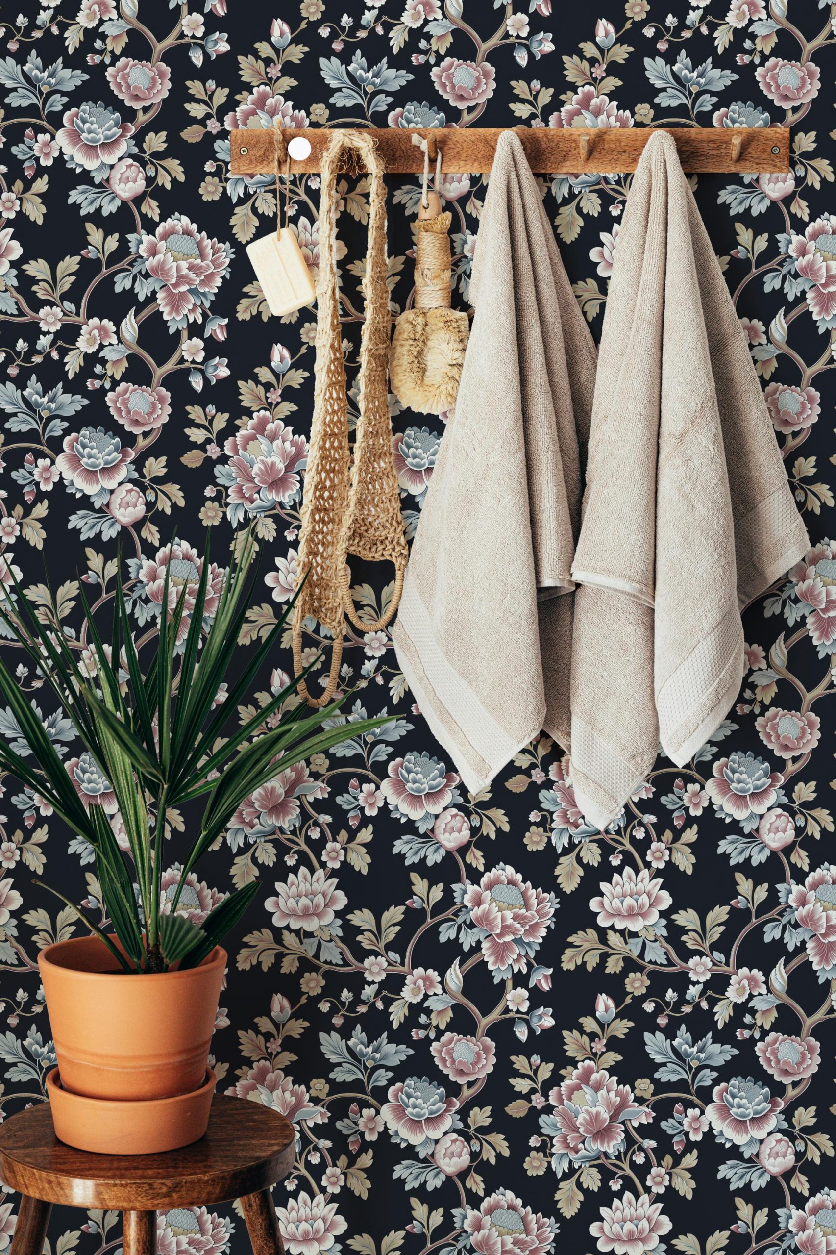 Vintage Floral Peony Wallpaper, Dusty Mauve and Blue on Black Background - Image 10