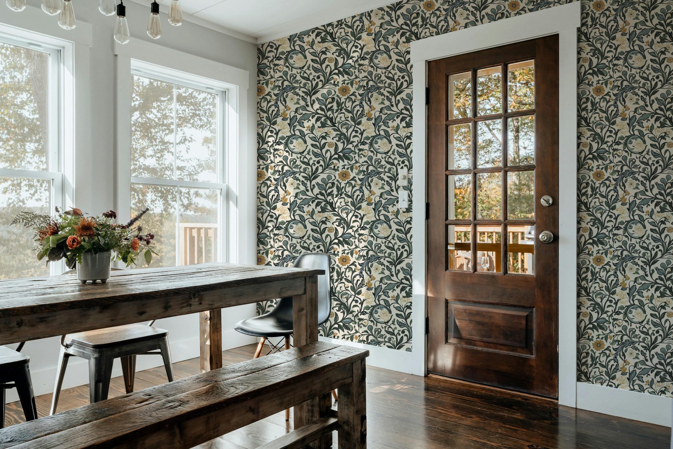 Vintage Floral Vine Wallpaper, Green Mustard Yellow Dusty Blue Botanical Pattern, Peel and Stick Removable, Unpasted Traditional Option - Image 7