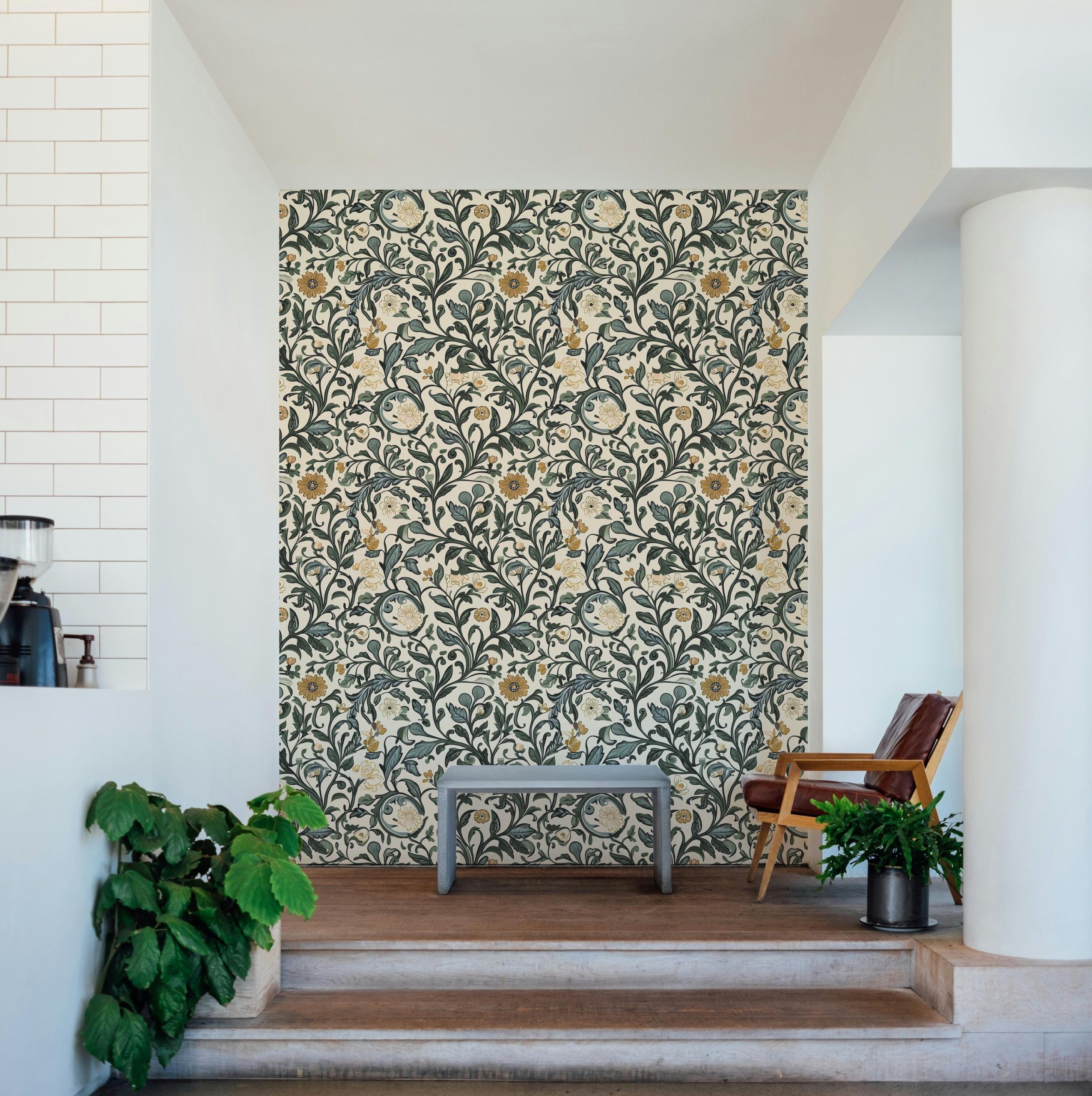 Vintage Floral Vine Wallpaper, Green Mustard Yellow Dusty Blue Botanical Pattern, Peel and Stick Removable, Unpasted Traditional Option - Image 2