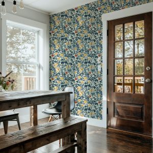 Bold Lush Floral Vintage Wallpaper, Blue Orange Yellow Color Scheme, Peel and Stick Removable, Unpasted Traditional