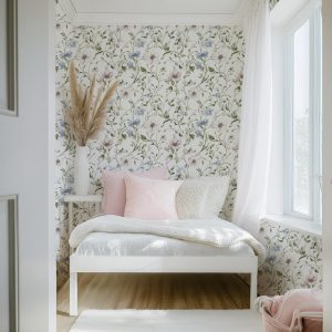 Romantic Soft Floral Vine Wallpaper, Watercolor Pink and Blue Flowers, Vintage Cottage Core, Peel & Stick Removable, Prepasted, Traditional