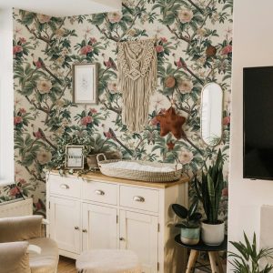 Tropical Jungle Bird Palm Tree Wallpaper, Green Coral Cream Color Palette, Coastal Beachy Home Decor, Accent Wall, Peel and Stick Removable