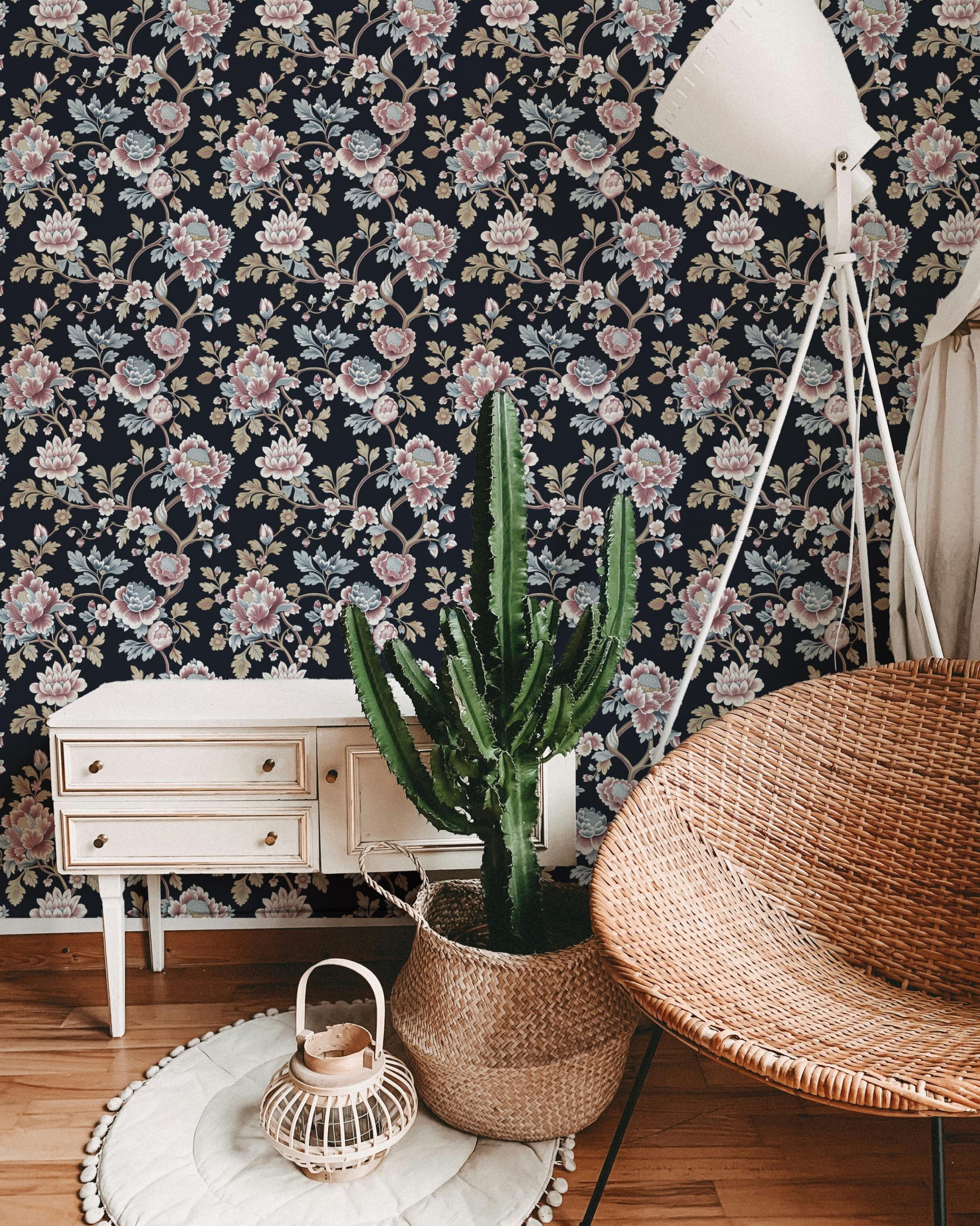 Vintage Floral Peony Wallpaper, Dusty Mauve and Blue on Black Background - Image 5