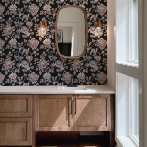 Vintage Floral Peony Wallpaper, Dusty Mauve and Blue on Black Background