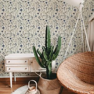 Soft Blue and Cream Floral Wallpaper, Vintage Botanical Design, Romantic Garden Floral Wallpaper, Peel and Stick or Traditional, Cottagecore