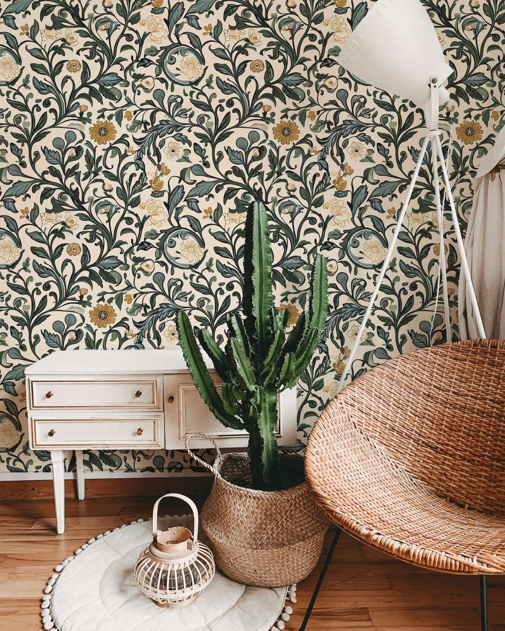 Vintage Floral Vine Wallpaper, Green Mustard Yellow Dusty Blue Botanical Pattern, Peel and Stick Removable, Unpasted Traditional Option - Image 5