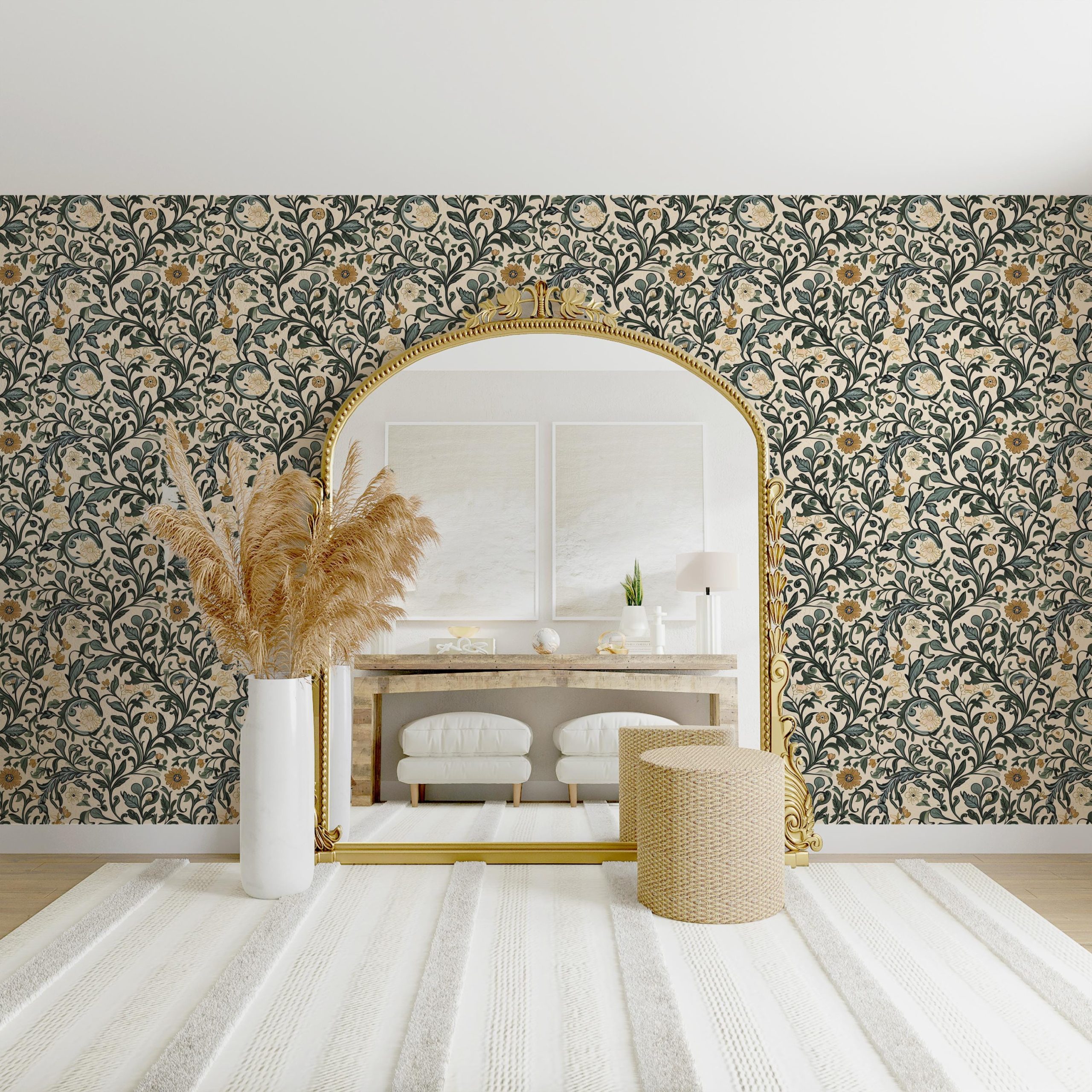 Vintage Floral Vine Wallpaper, Green Mustard Yellow Dusty Blue Botanical Pattern, Peel and Stick Removable, Unpasted Traditional Option - Image 14