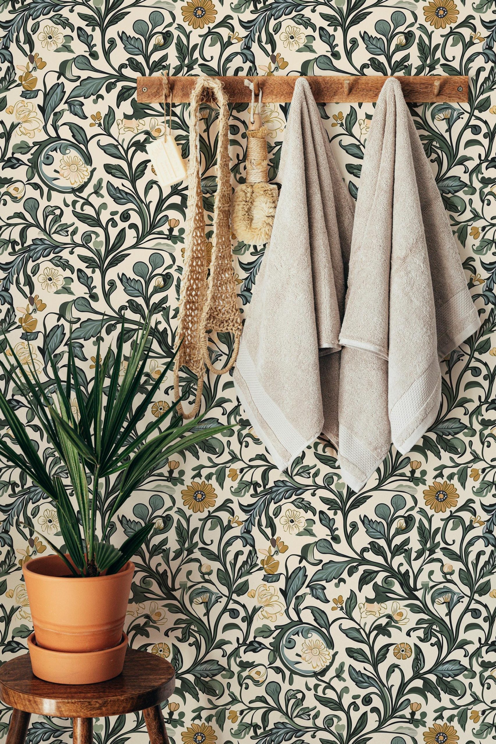 Vintage Floral Vine Wallpaper, Green Mustard Yellow Dusty Blue Botanical Pattern, Peel and Stick Removable, Unpasted Traditional Option - Image 3