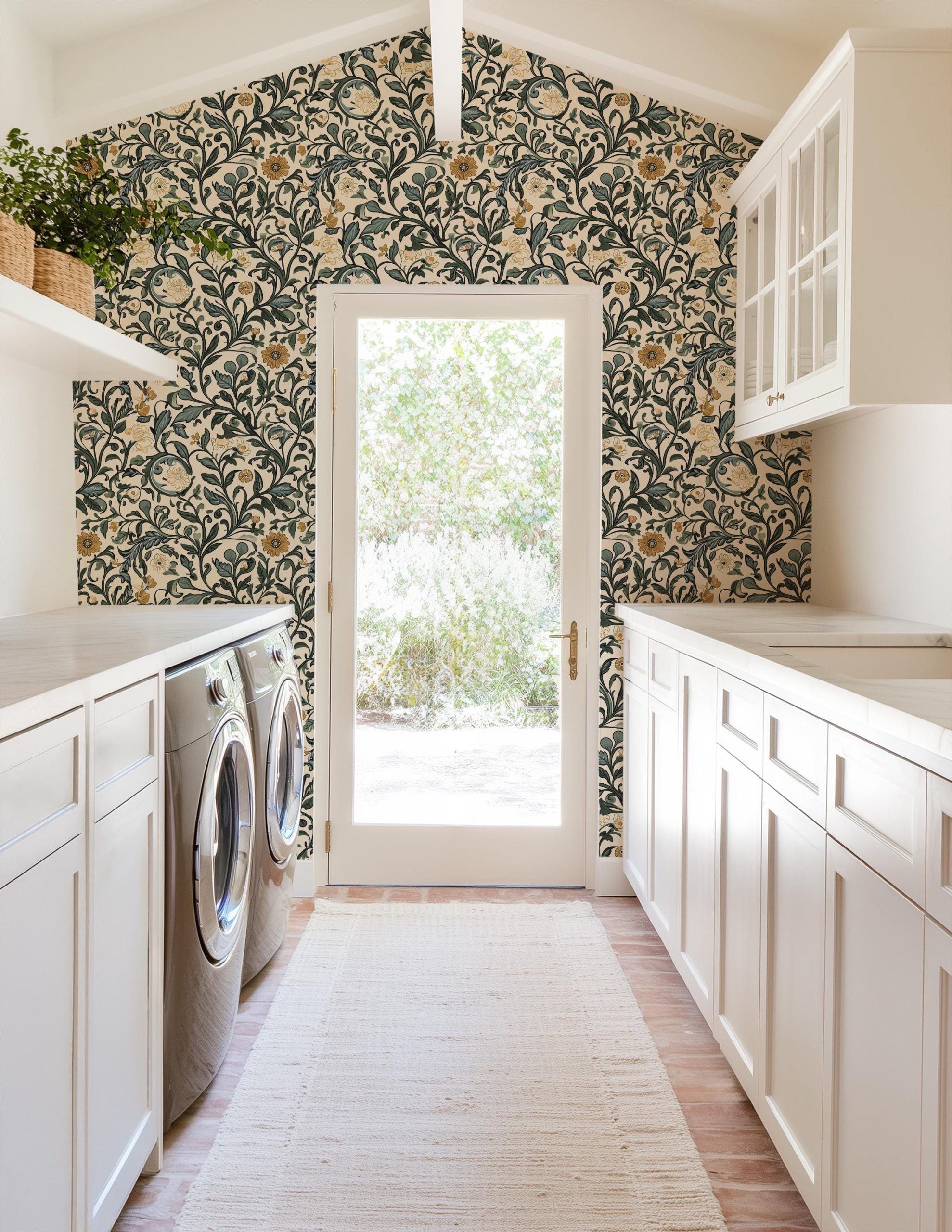 Vintage Floral Vine Wallpaper, Green Mustard Yellow Dusty Blue Botanical Pattern, Peel and Stick Removable, Unpasted Traditional Option - Image 18