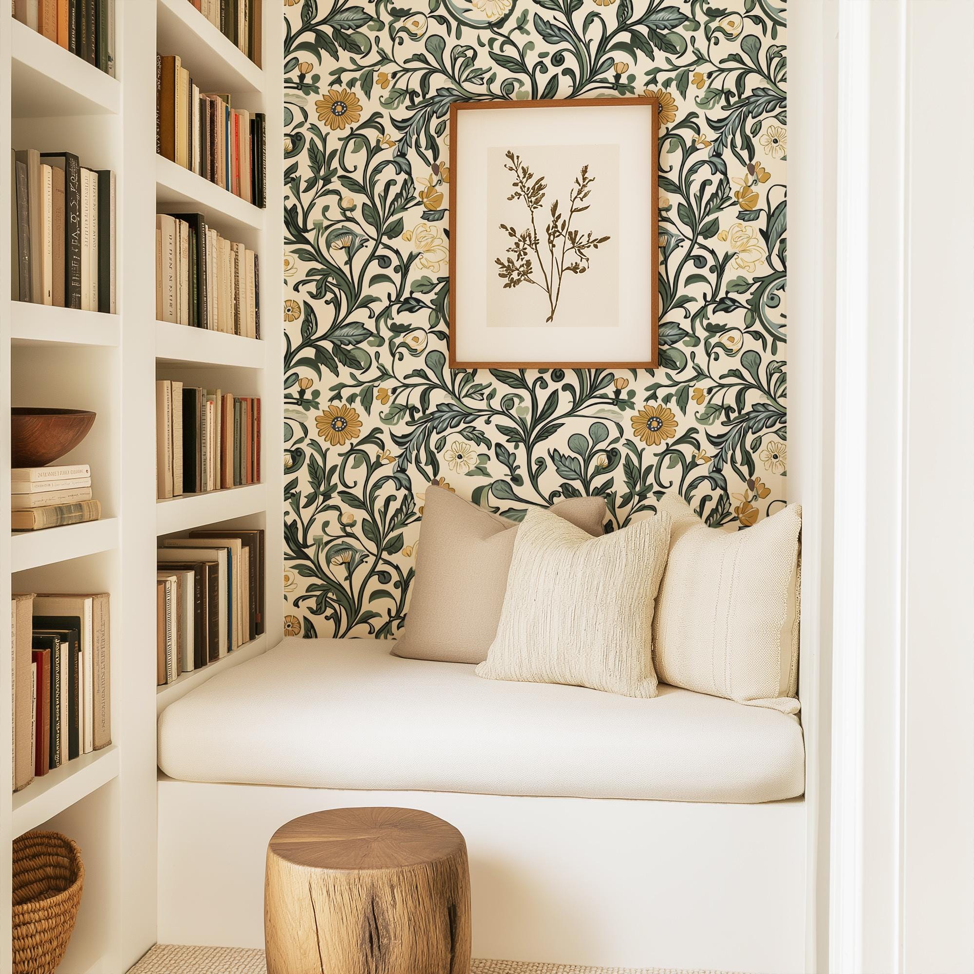 Vintage Floral Vine Wallpaper, Green Mustard Yellow Dusty Blue Botanical Pattern, Peel and Stick Removable, Unpasted Traditional Option