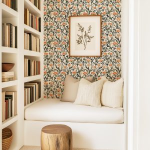Vintage Victorian Floral Wallpaper, Green Orange Yellow Botanical Pattern, Peel and Stick Removable, Unpasted Traditional Option