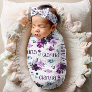 Purple Rose Swaddle Blanket Headband Hat Set, Personalized Floral Baby Shower Gift Hospital Newborn Photos Prop, Coming Home Present New Mom