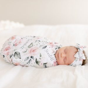 Swaddle Blanket with Name, Soft Floral Pink Rose, Headband Bow, Hat, Personalized Baby Girl Gift, Hospital Newborn Photos, Rosie Collection