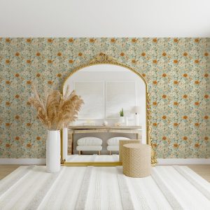 Peonies and Wildflowers Floral Wallpaper, Vintage Garden Botanical, Sage Green Orange, Peel & Stick Removable, Unpasted Traditional Option,