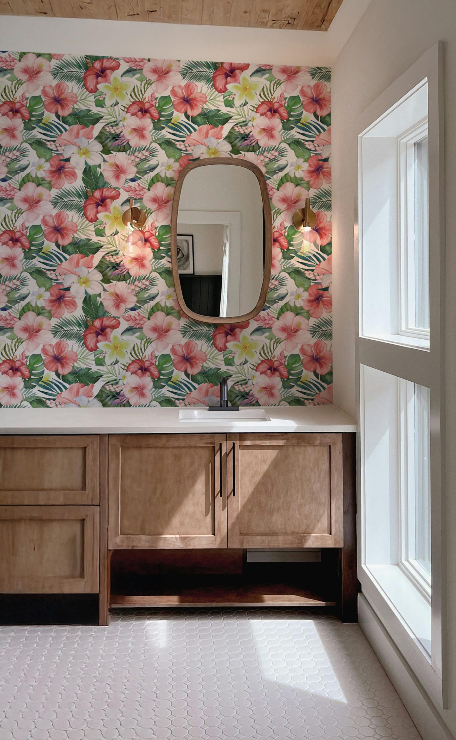 Tropical Hibiscus Red Pink Floral Wallpaper, Beachy Palm Coastal, Vintage Tropical Island Vibe, Lush Botanical Print - Image 5