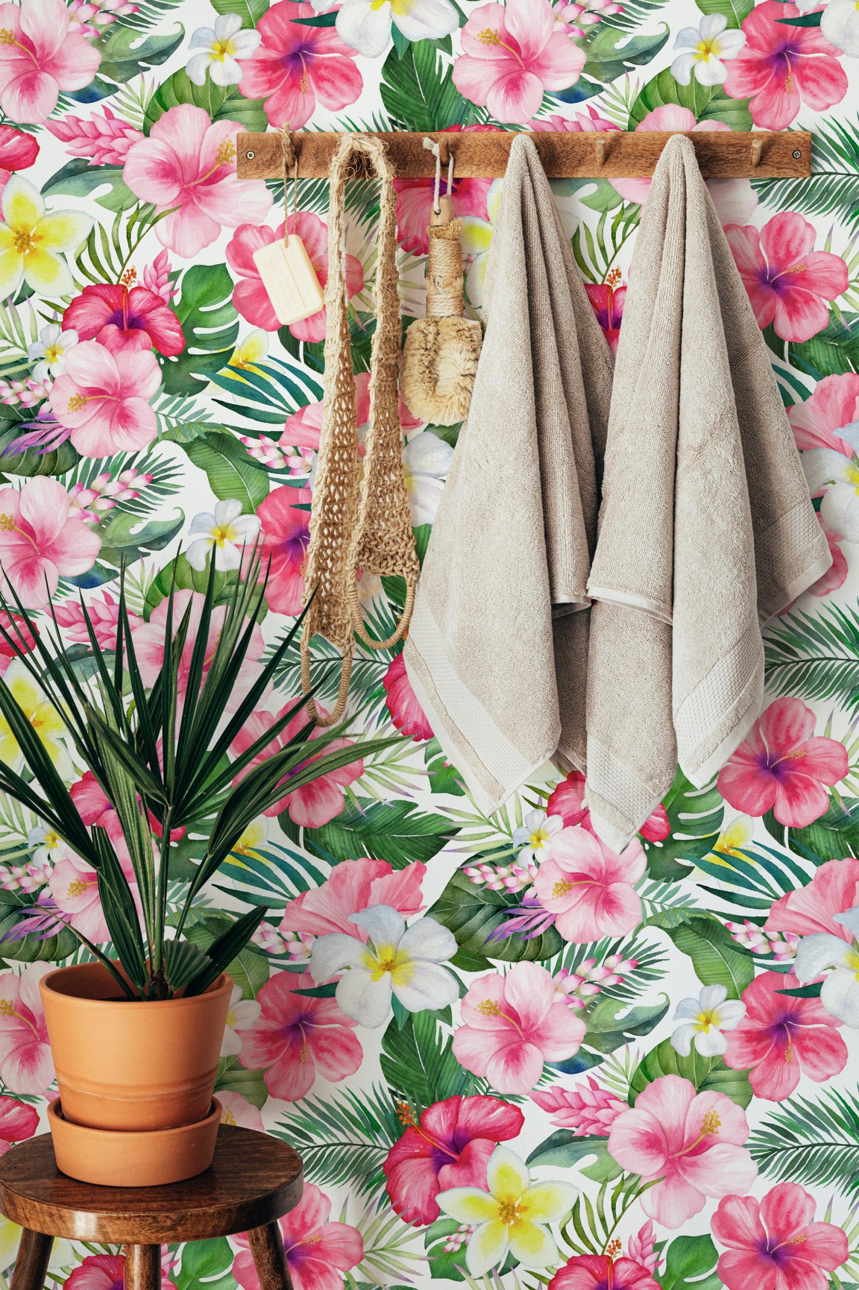 Tropical Hibiscus Pink Floral Wallpaper, Beachy Palm Coastal, Bright Tropical Island Vibe, Lush Botanical Print - Image 3