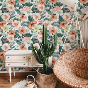 Tropical Hibiscus Orange Peach Floral Wallpaper, Beachy Palm Coastal, Vintage Tropical Island Vibe, Lush Botanical Print