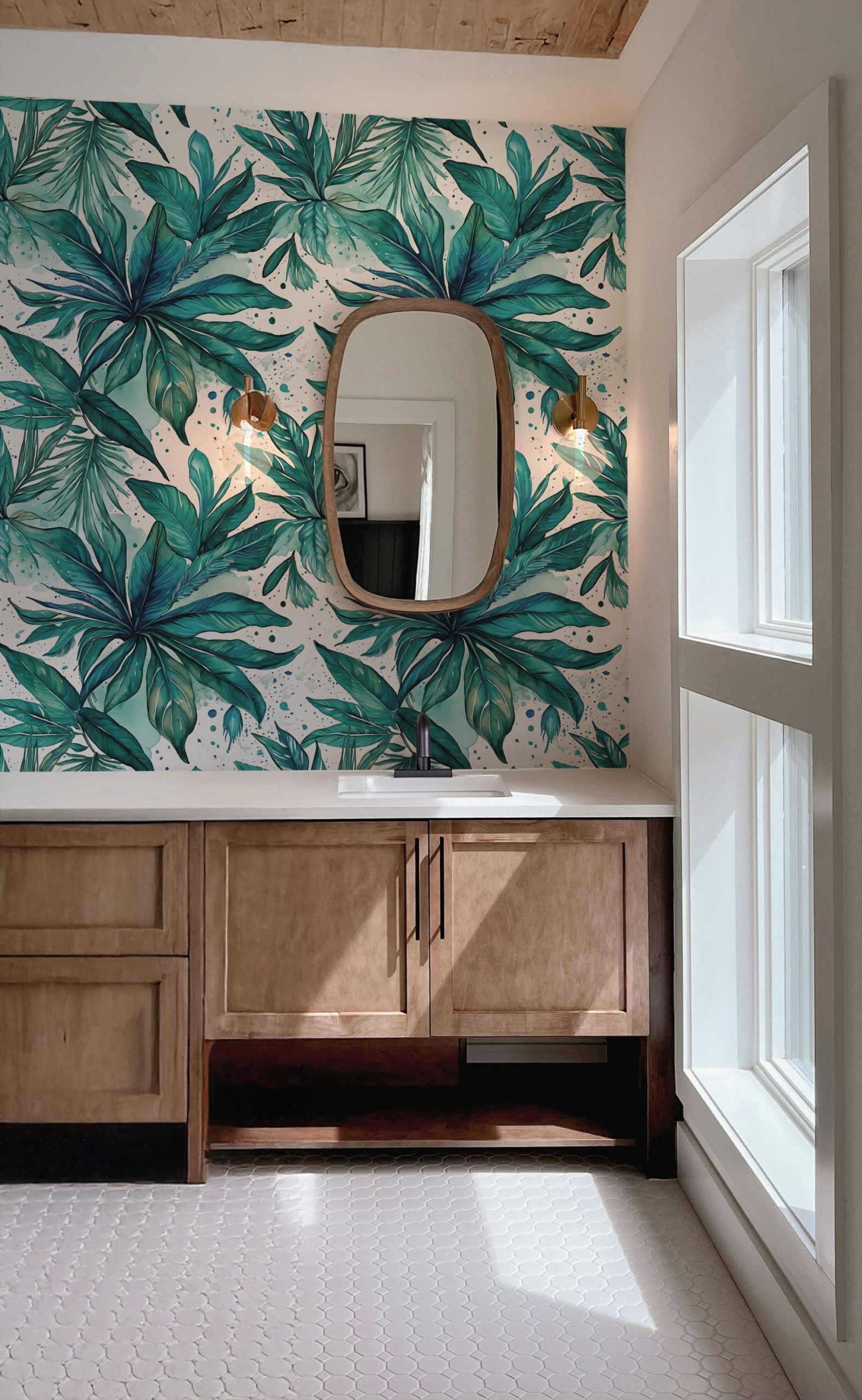 Tropical Palm Leaf Abstract Wallpaper, Blue Teal Green, Home Decor, Coastal Beachy, Accent Wall, Peel and Stick Removable, Traditional - Image 2