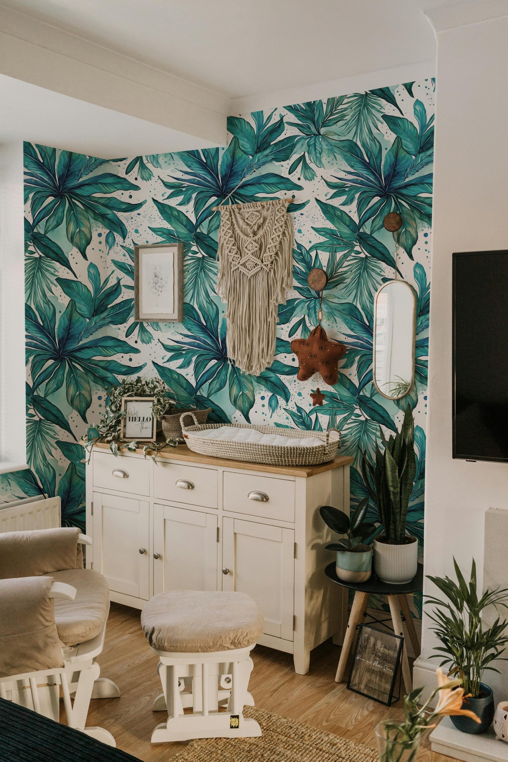 Tropical Palm Leaf Abstract Wallpaper, Blue Teal Green, Home Decor, Coastal Beachy, Accent Wall, Peel and Stick Removable, Traditional - Image 5