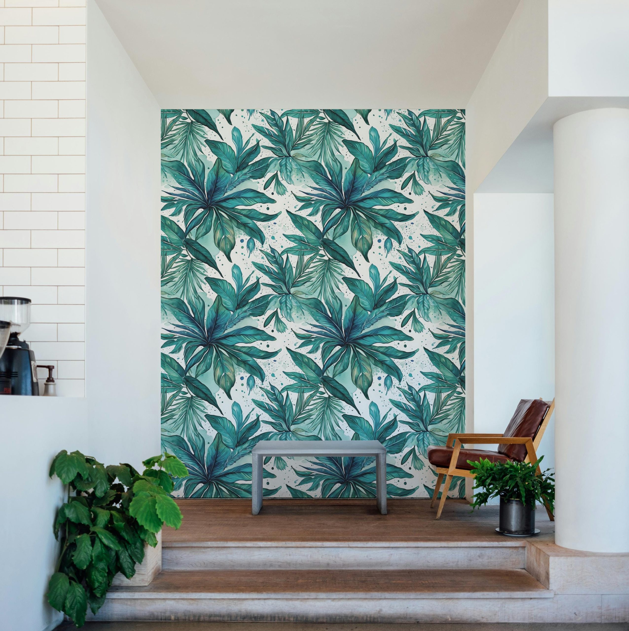 Tropical Palm Leaf Abstract Wallpaper, Blue Teal Green, Home Decor, Coastal Beachy, Accent Wall, Peel and Stick Removable, Traditional - Image 7