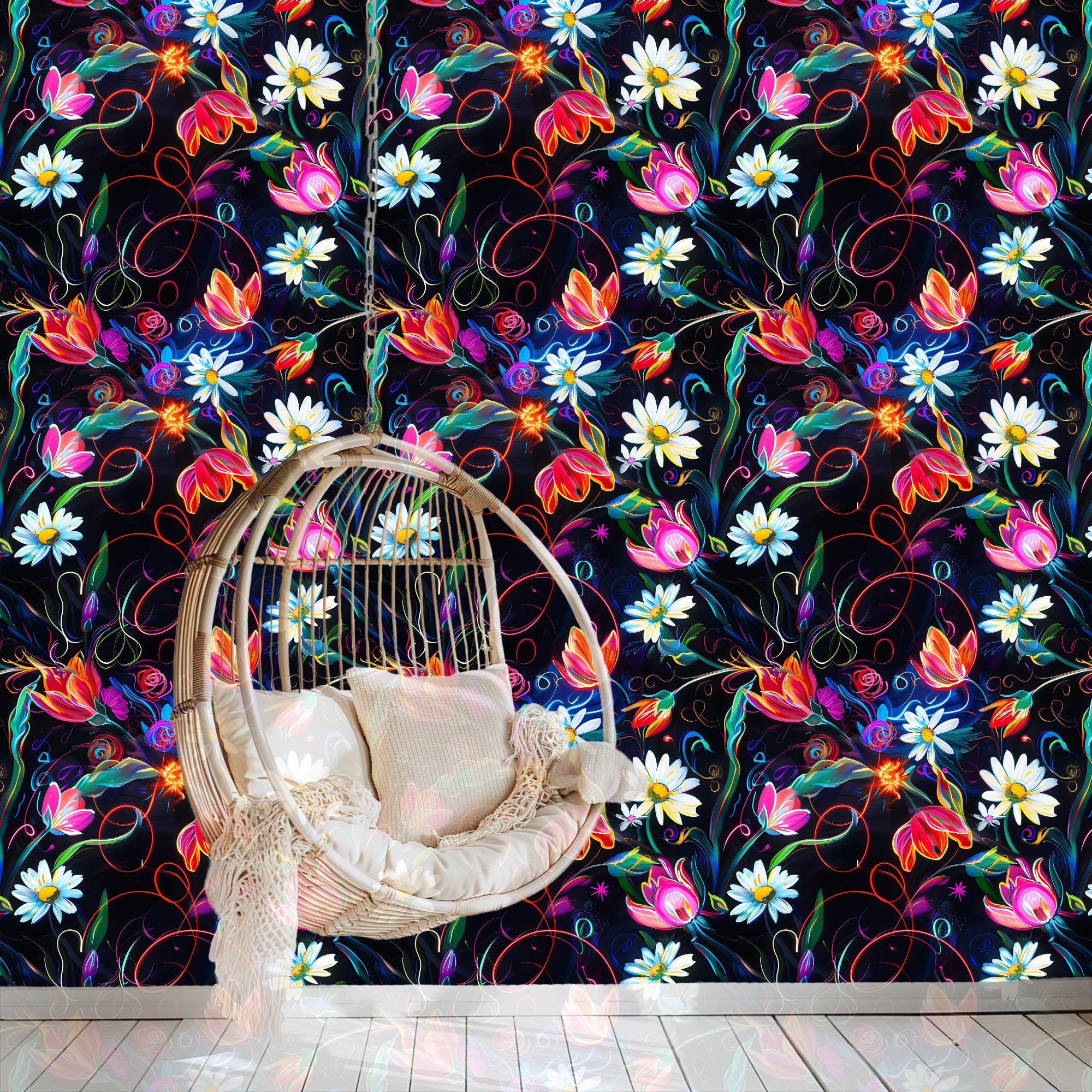 Bold Neon Flower Wallpaper, Bright Abstract Floral on Black Background, Peel and Stick Removable Temporary, Dramatic Dark Mural