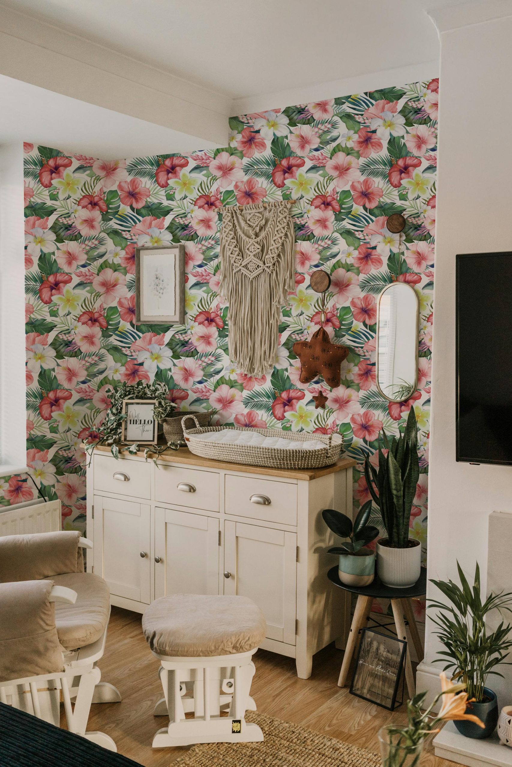 Tropical Hibiscus Red Pink Floral Wallpaper, Beachy Palm Coastal, Vintage Tropical Island Vibe, Lush Botanical Print - Image 4