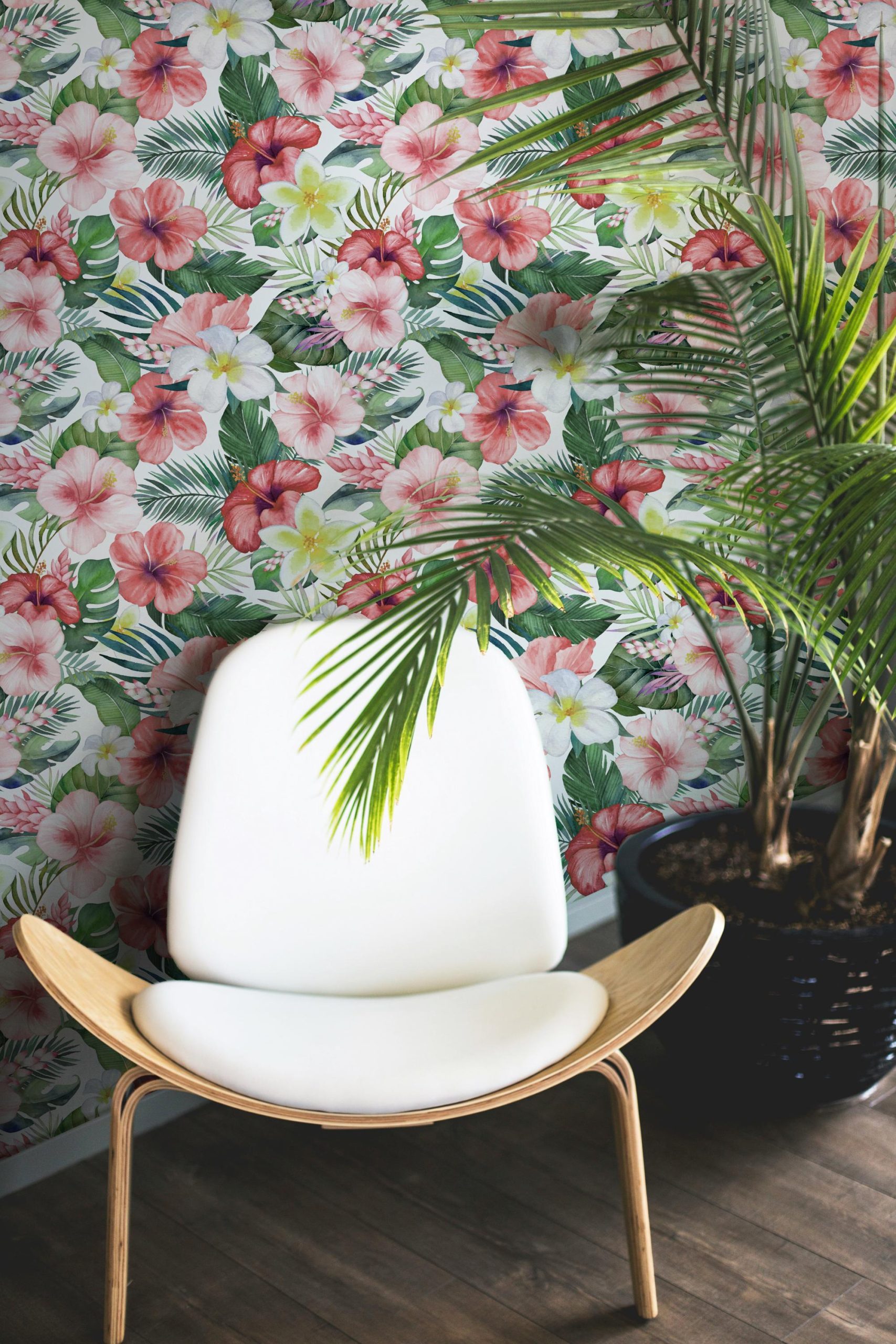 Tropical Hibiscus Red Pink Floral Wallpaper, Beachy Palm Coastal, Vintage Tropical Island Vibe, Lush Botanical Print - Image 10