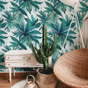 Tropical Palm Leaf Abstract Wallpaper, Blue Teal Green, Home Decor, Coastal Beachy, Accent Wall, Peel and Stick Removable, Traditional