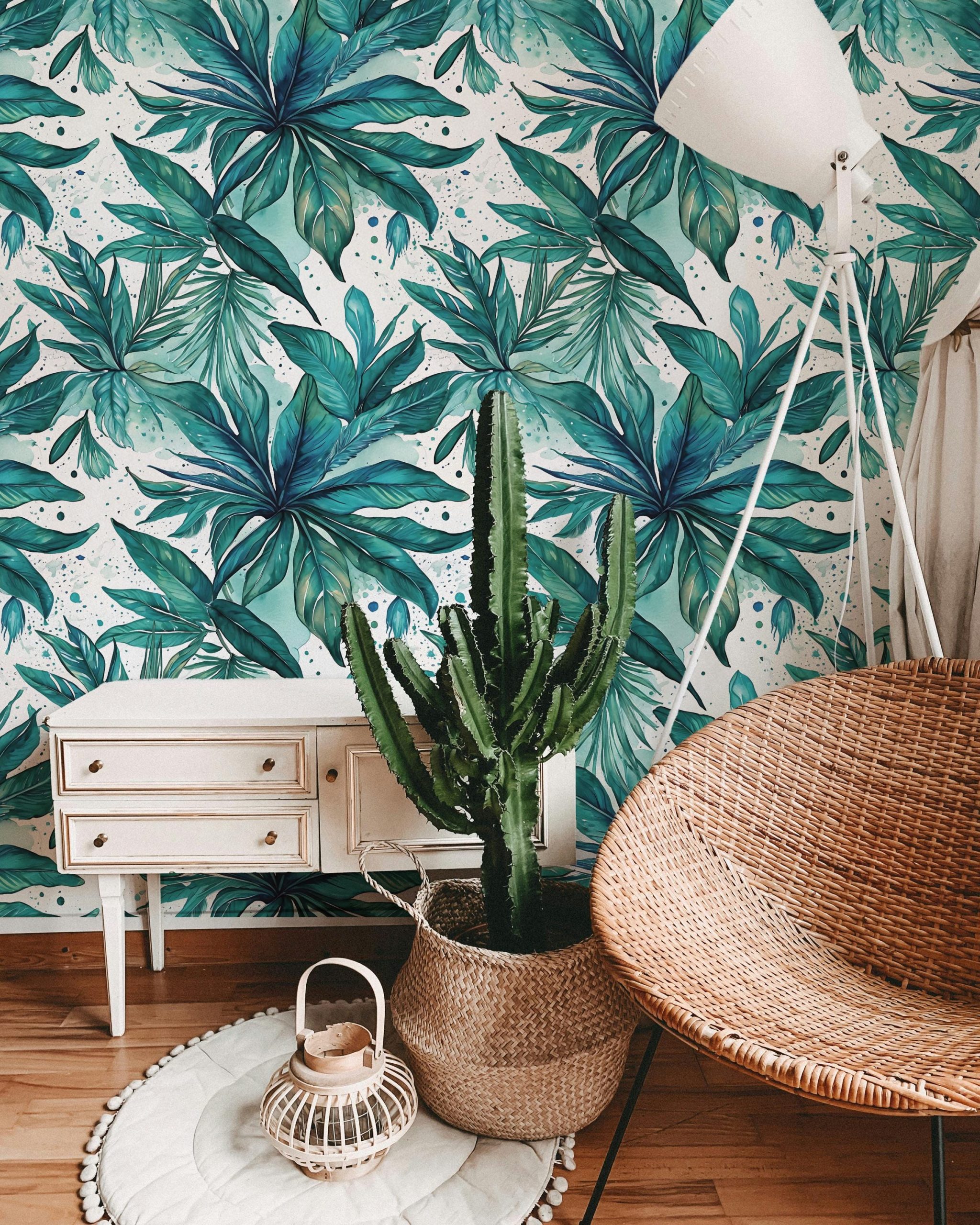 Tropical Palm Leaf Abstract Wallpaper, Blue Teal Green, Home Decor, Coastal Beachy, Accent Wall, Peel and Stick Removable, Traditional
