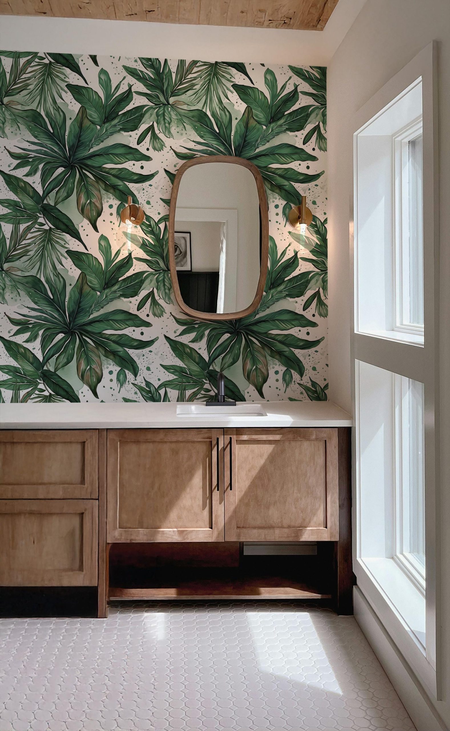 Tropical Green Palm Leaf Abstract Wallpaper, Home Decor, Coastal Beachy, Accent Wall, Peel and Stick Removable, Traditional - Image 3