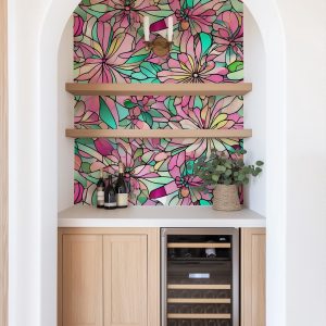 Stained Glass Pattern Floral Wallpaper, Peel and Stick, Bright Cheery Pinks and Greens, Abstract Pastel Removable Wall Art