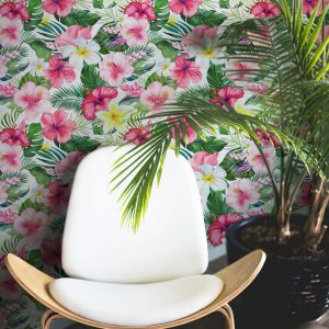 Tropical Hibiscus Pink Floral Wallpaper, Beachy Palm Coastal, Bright Tropical Island Vibe, Lush Botanical Print