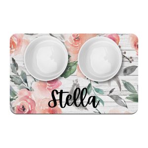 Personalized Girl Pet Mat, Pink Peach Flowers, Dog Cat Food Placemat, Animal Feeding Station, Water Absorbent, Floral