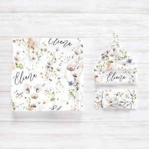 Wildflower Swaddle Blanket, Headband, Hat, Personalized Name Baby Shower Gift, Hospital Newborn Photos Prop, Infant Wrap, Eliana Collection