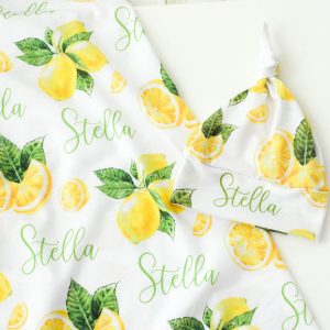 Lemon Yellow Swaddle Blanket Headband Hat Set / Personalized Baby Shower Gift / Hospital Newborn Photos Prop / Lulu Collection