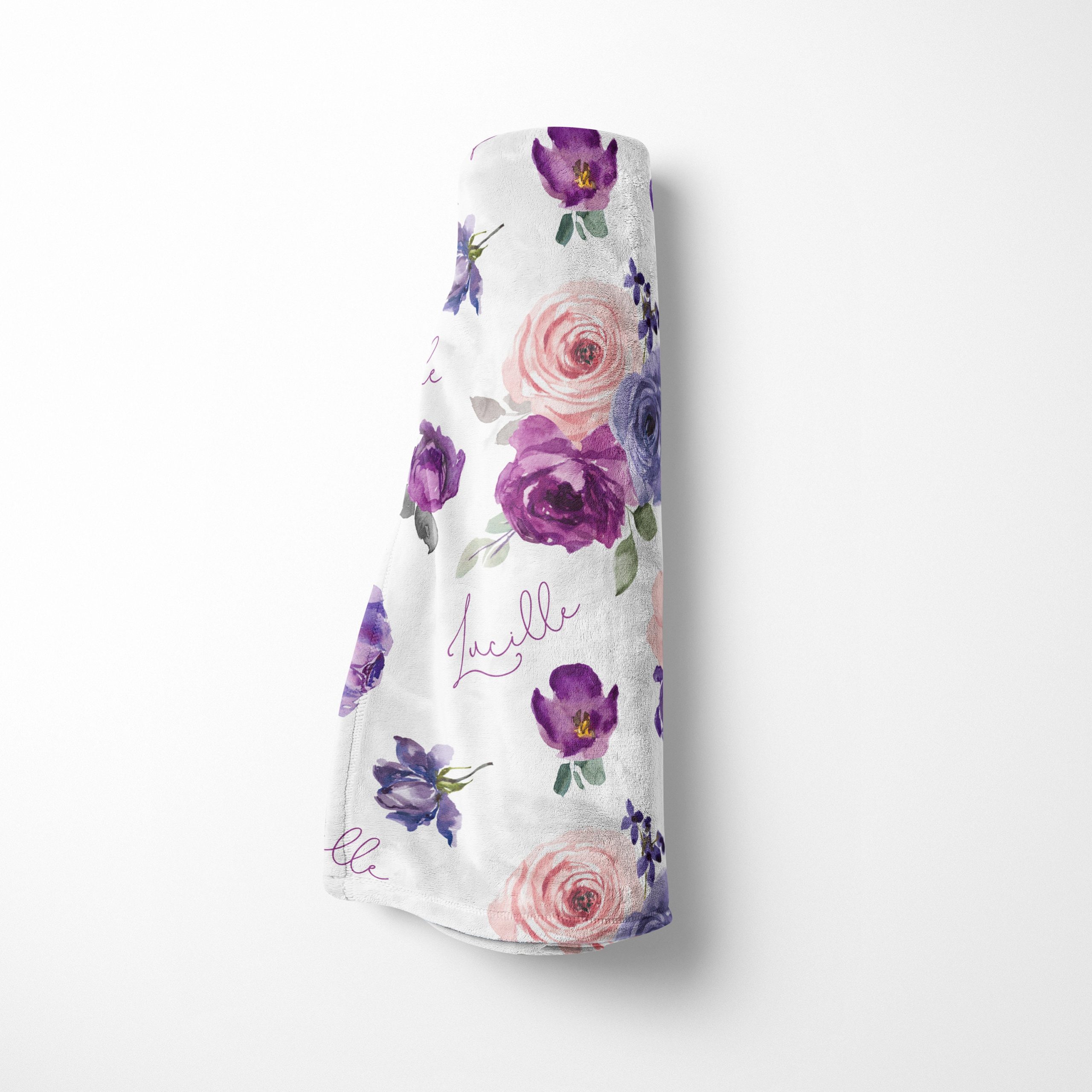 Pink Purple Swaddle Set, Matching Headband Hat, Personalized Baby Shower Gift, Flowers Purple Large Swaddle and Beanie, Newborn Photos - Image 4