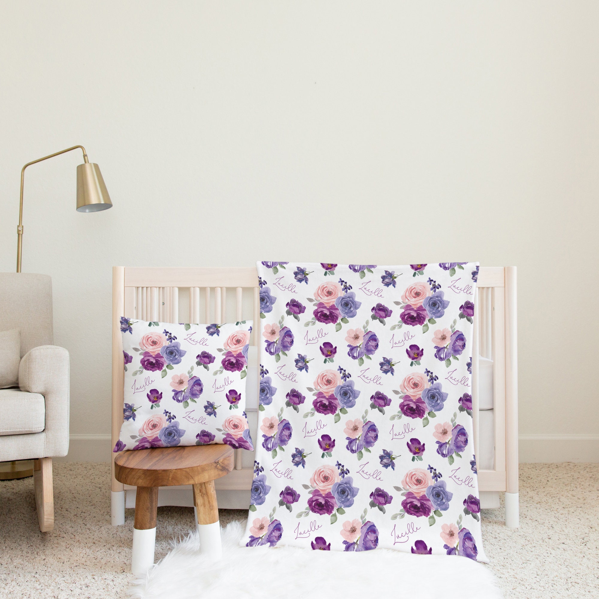 Pink Purple Swaddle Set, Matching Headband Hat, Personalized Baby Shower Gift, Flowers Purple Large Swaddle and Beanie, Newborn Photos - Image 6