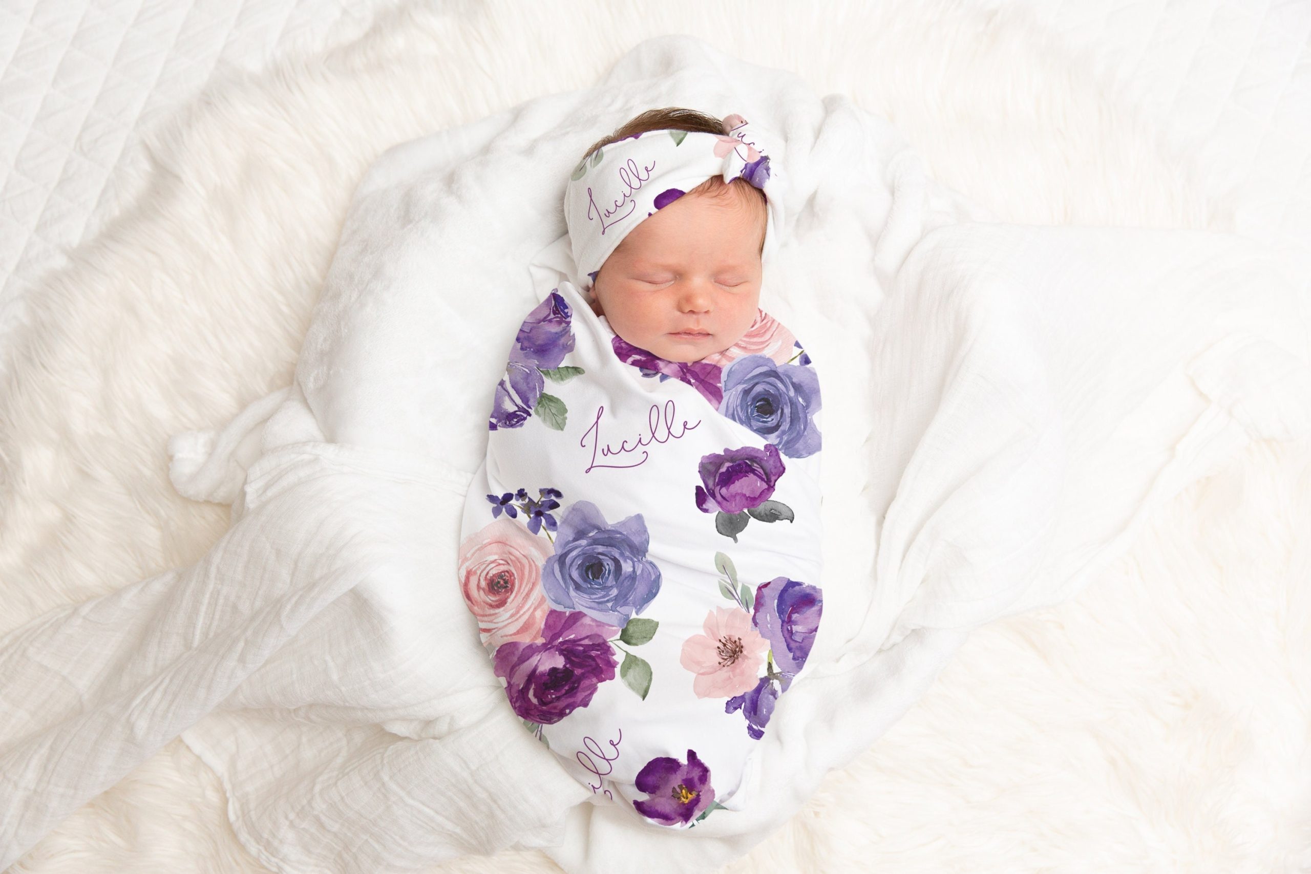 Pink Purple Swaddle Set, Matching Headband Hat, Personalized Baby Shower Gift, Flowers Purple Large Swaddle and Beanie, Newborn Photos