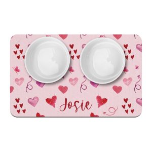 Personalized Valentine's Pet Placemat / Scribble Doodle Hearts Rainbow / Custom Dog Bowl Mat / New Puppy Supplies / Water Bowl Mat