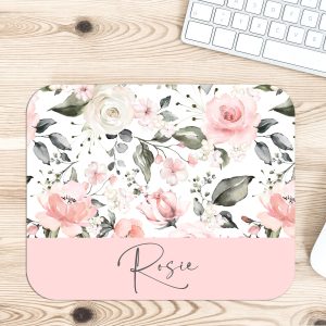 Personalized Pink Rose Desk Accessories, Mouse Pad, Desk Mat, Wrist Rest, Phone Stand, Coasters, Girly Floral Name Christmas Birthday Gift