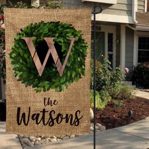 Personalized Farmhouse Boxwood Wreath House Flag, Garden Decoration, Burlap Look Welcome Sign, Custom Porch Decor, Gift for Home