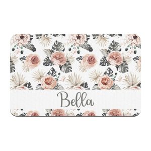Personalized Boho Floral Girl Dog Food Mat, Customize Name Font, Puppy Kitten Cat, Water Absorbent Floor Placemat, Home Decor Pet