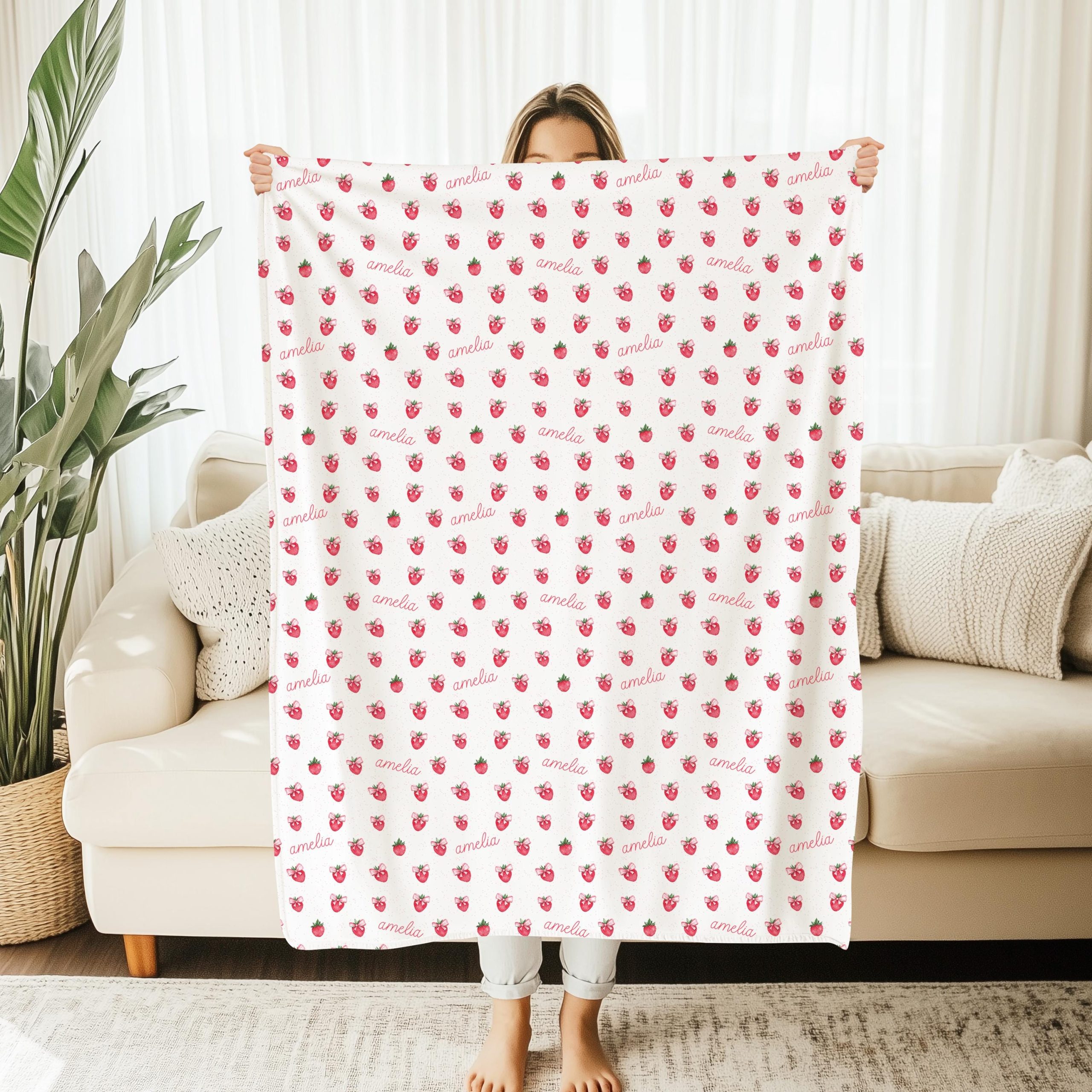 Ditsy Strawberry Baby Girl Name Blanket, Personalized Girly Name Swaddle, Minky Sherpa Custom Blanket, Gift for New Baby, Strawberries Bows - Image 7