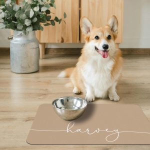 Tan Beige Dog Food Mat, Customize Name Colors and Font, Gifts for Dogs, Puppy or Kitten Cat, Water Absorbent Floor Placemat, Personalized
