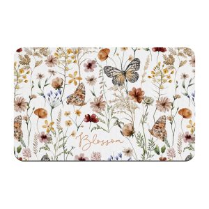 Personalized Wildflower Butterfly Girl Dog Food Mat, Customize Name Font, Puppy Kitten Cat, Water Absorbent Floor Placemat, Home Decor Pet