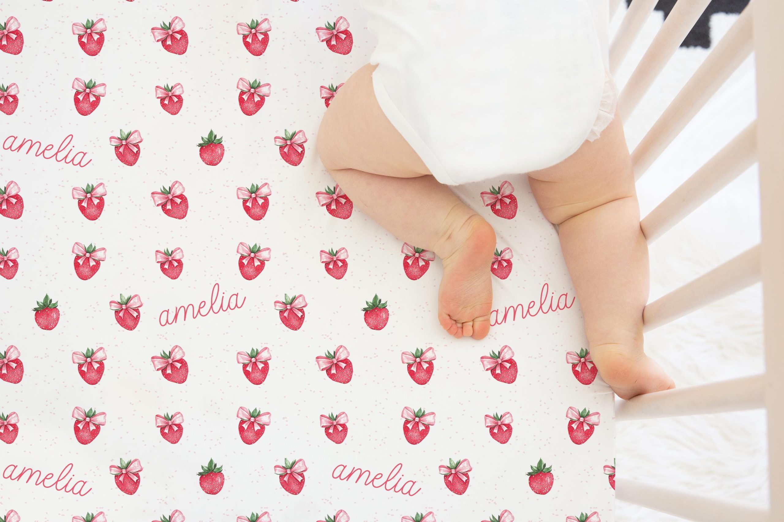 Ditsy Strawberry Baby Girl Name Blanket, Personalized Girly Name Swaddle, Minky Sherpa Custom Blanket, Gift for New Baby, Strawberries Bows - Image 6